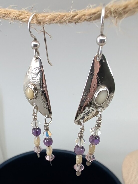 Handmade Jewelry - Vintage Hand Hammered Sterling Silver Amethyst Pearl Dangle Earrings